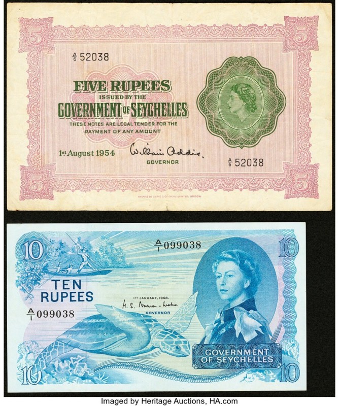 Seychelles Government of Seychelles 5; 10 Rupees 1954; 1968 Pick 11; 15 Two Exam...