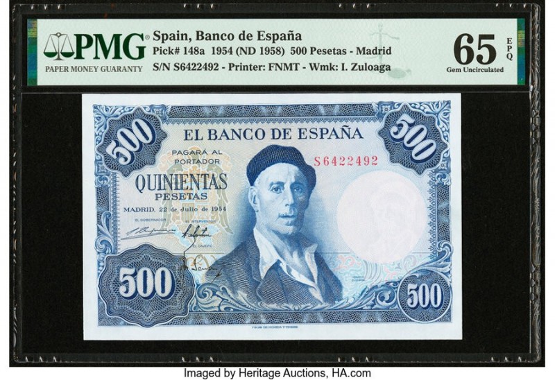 Spain Banco de Espana 500 Pesetas 1954 (ND 1958) Pick 148a PMG Gem Uncirculated ...