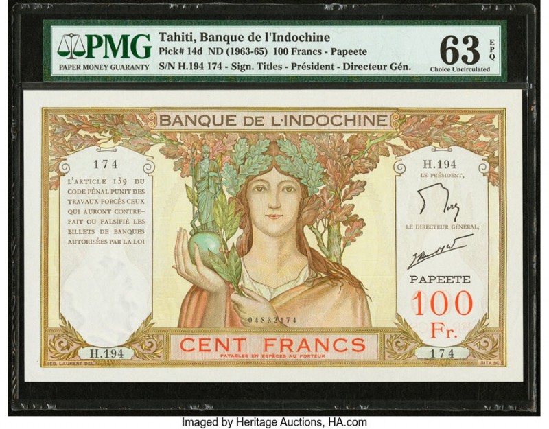 Tahiti Banque de l'Indochine 100 Francs ND (1963-65) Pick 14d PMG Choice Uncircu...