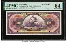 Venezuela Banco Mercantil y Agricola 100 Bolivares ND (1929) Pick S233s Specimen PMG Choice Uncirculated 64. Red Specimen overprints; two POCs.

HID09...