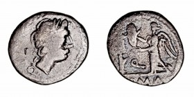 Egnatuleia
Quinario. AR. Roma. (97 a.C.). A/Cabeza laureada de Apolo a der., alrededor ley. R/Apolo y Victoria coronando trofeo, en el campo Q, en ex...