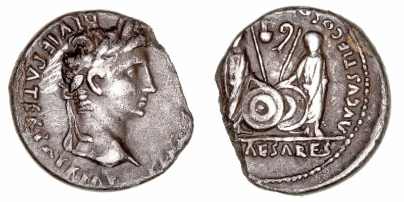 Augusto
Denario. AR. Lugdunum. (27 a.C.-14 d.C.). A/Busto de Augusto a der., al...