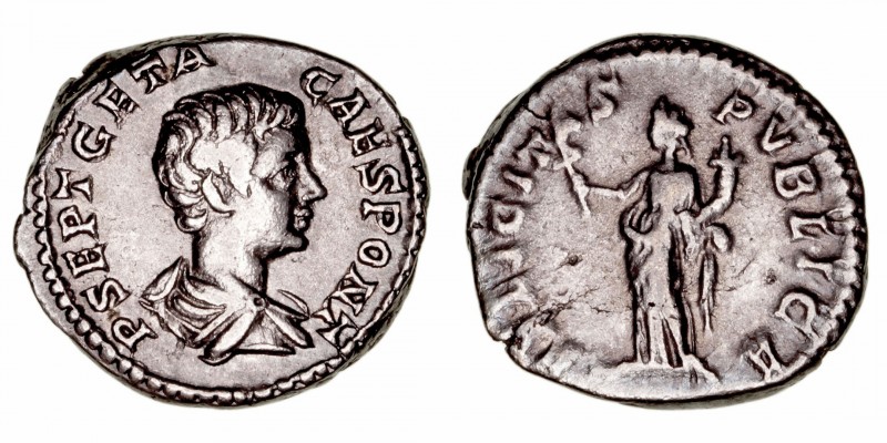Geta
Denario. AR. (209-212). R/FELICITAS PVBLICA. 3.53g. RIC.9. Suave pátina. E...