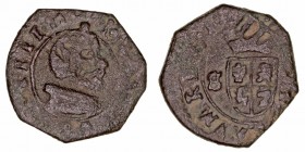 Felipe IV
8 Maravedís. AE. Sevilla R. (1661). Resello III sobre la corona. 1.78g. Cal.1579. Muy escasa. MBC-.