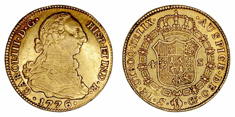Carlos III
4 Escudos. AV. Sevilla CN. 1776. 13.40g. Cal.1889 (2019). Rayitas en...
