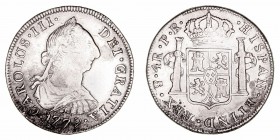 Carlos III
4 Reales. AR. Potosí PR. 1779. 13.37g. Cal.941 (2019). Concreciones en la parte inferior. (MBC-).