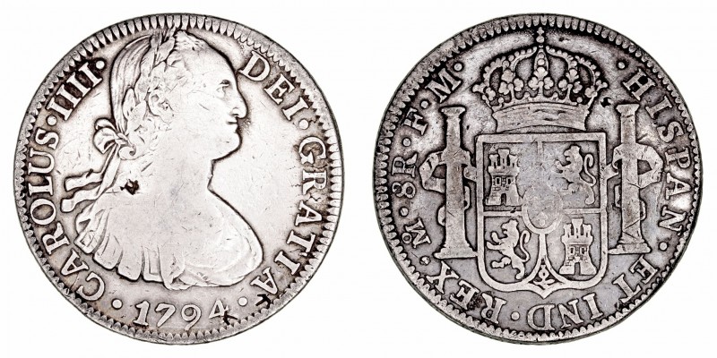 Carlos IV
8 Reales. AR. Méjico FM. 1794. Presenta pequeño resello oriental. 26....