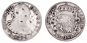 Carlos IV
8 Reales. AR. Méjico FM. 1795. Resellos orientales en anverso y reverso. 26.43g. Cal.958 (2019). (MBC-).