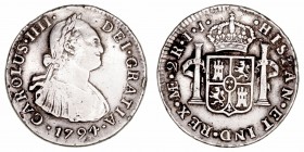 Carlos IV
2 Reales. AR. Lima IJ. 1794. 6.69g. Cal.577 (2019). Algo sucia. (MBC-).