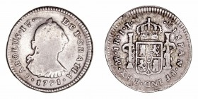 Carlos IV
Real. AR. Lima IJ. 1791. Busto de Carlos III. 3.19g. Cal.387 (2019). Raya y mancha en reverso. Muy escasa. (BC+).