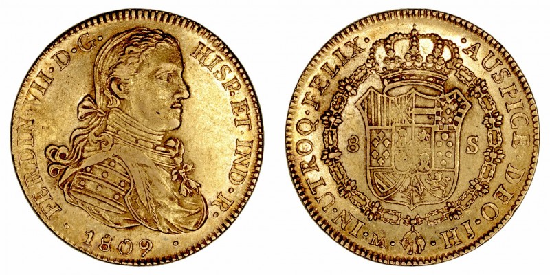 Fernando VII
8 Escudos. AV. Méjico HJ. 1809. Busto imaginario. Con punto entre ...