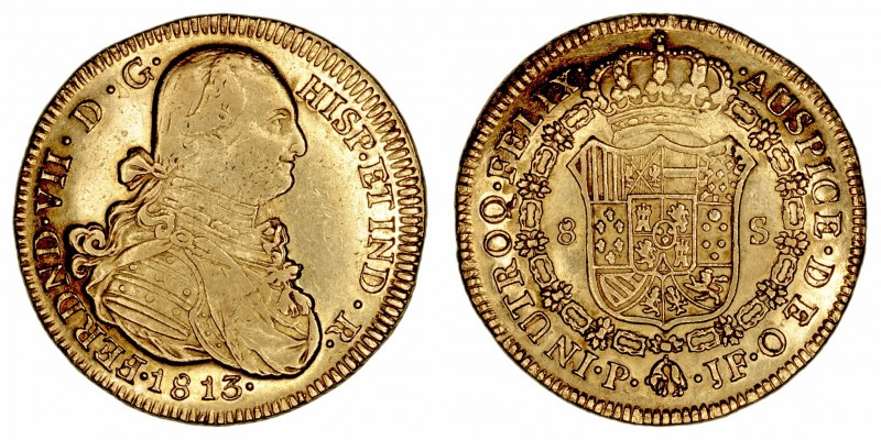 Fernando VII
8 Escudos. AV. Popayán JF. 1813. Busto de Carlos IV. Sin punto ent...