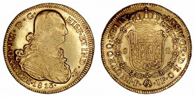 Fernando VII
8 Escudos. AV. Popayán JF. 1813. Busto de Carlos IV. Sin punto entre IN y UTROQ. 26.93g. Cal.1815 vte. (2019). Muy bonita y escasa pieza...