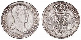 Fernando VII
2 Reales. AR. Madrid IG. 1813. 5.77g. Cal.825 (2019). Muy escasa. MBC-.