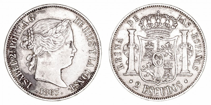Isabel II
2 Escudos. AR. Madrid. 1867. 25.84g. Cal.647 (2019). Manchas en anver...