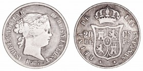 Isabel II
20 Centavos de Peso. AR. Manila. 1868. 5.06g. Cal.661 (2019). BC-.