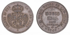 Isabel II
1/2 Real. AE. Madrid. 1848. 17.88g. Cal.152 (2019). Algún puntito de verdín. Muy escasa. (MBC).