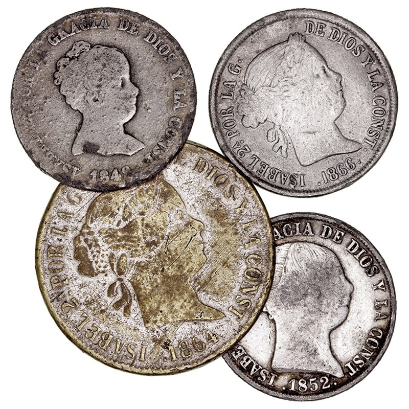 Isabel II
Calamina. Lote de 4 monedas. Falsas de época. 10 Reales 1864 Madrid, ...