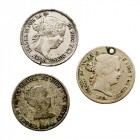 Isabel II
Calamina. Lote de 3 monedas. Falsas de época. 4 Reales 1848 Madrid, 40 Céntimos de esc. 1864 y 1868 Madrid (una con agujerito). MBC-/BC.
