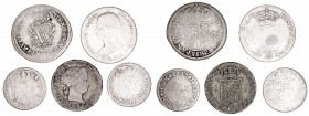 Lotes de Conjunto
AR. Lote de 5 monedas. Felipe V Real 1733 Sevilla, 2 Reales 1708 Segovia, Fernando VI Real 1756 Madrid, José Napoleón 4 Reales 1811...
