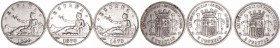Gobierno Provisional
5 Pesetas. AR. 1870 *18-70 SNM. Lote de 3 monedas. Estrellas visibles. MBC-.