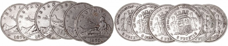 Gobierno Provisional
5 Pesetas. AR. 1870 SNM. Lote de 6 monedas. Estrellas no v...