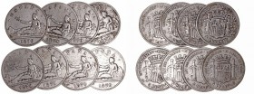 Gobierno Provisional
5 Pesetas. AR. 1870 SNM. Lote de 8 monedas. Estrellas no visibles. BC+ a BC-.