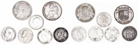 Lotes de Conjunto
AR. Lote de 7 monedas. 50 Céntimos 1880, 1885, 1904 (punto de soldadura), 1910 y 1926, Peseta 1899 y 1933. MBC+ a BC-.