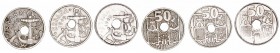 Estado Español
50 Céntimos. Cuproníquel. 1949. Lote de 3 monedas. Agujero ligeramente desplazado (*53 y *62) y vano de cuño. EBC a MBC-.