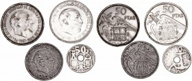 Estado Español
Lote de 4 monedas. Falsas de época. 50 Céntimos 1949, 25 Pesetas 1957 y 50 Pesetas 1957 *59 (2). MBC a BC-.
