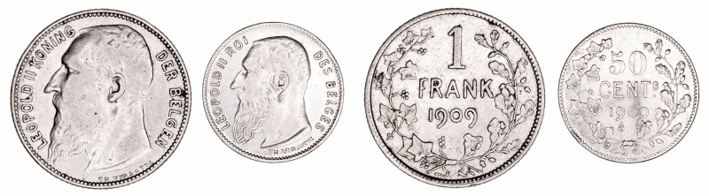 Bélgica Leopoldo II
AR. Lote de 2 monedas. 50 Céntimos y Franco 1909. MBC a MBC...