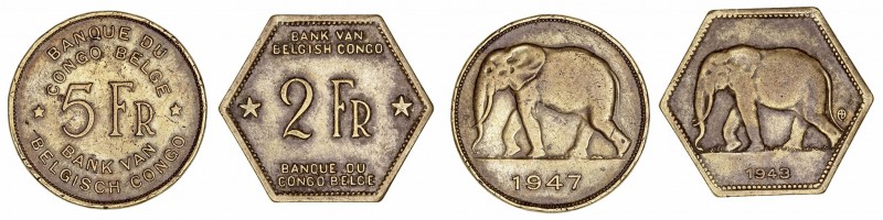 Congo Belga 
AE. Lote de 2 monedas. 2 Francos 1943 y 5 Francos 1947. KM.26 y 29...