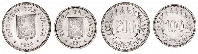 Finlandia 
AR. Lote de 2 monedas. 100 Markkaa 1959 S y 200 Markkaa 1958 H. KM.4...