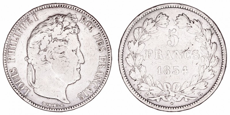 Francia Luis Felipe I
5 Francos. AR. 1834 K (Burdeos). 24.71g. KM.749.7. Muy es...