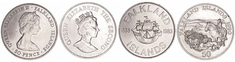 Islas Falkland 
50 Pence. Cuproníquel. Lote de 2 monedas. 1983 y 1991. EBC- a M...