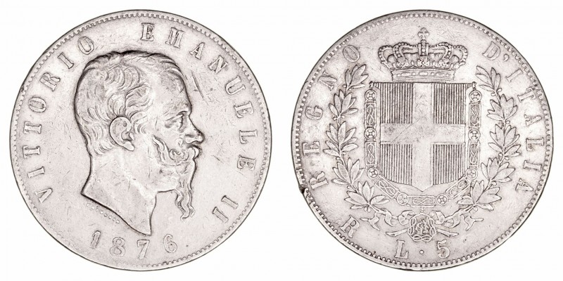 Italia Víctor Manuel II
5 Liras. AR. 1876 R. 24.77g. KM.8.4. Raya. (MBC-).