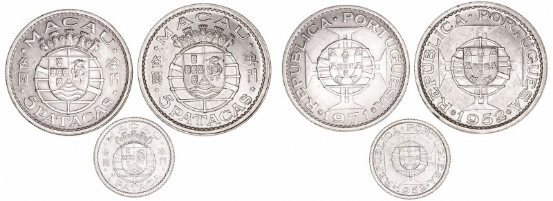 Macao 
AR. Lote de 3 monedas. Pataca 1952, 5 Patacas 1952 y 1971. KM.4 y 5/a. E...