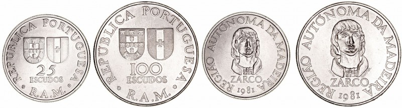 Madeira 
Cuproníquel. Lote de 2 monedas. 25 y 100 Escudos 1981 Joao Zarco. EBC ...