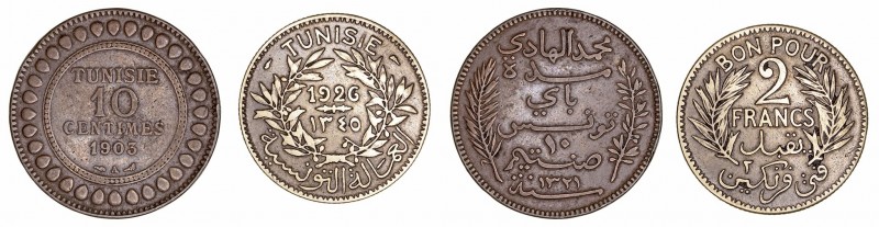 Túnez 
AE. Lote de 2 monedas. 10 Céntimos 1903 y 2 Francos 1926. MBC a MBC-.