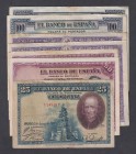 Guerra Civil-Zona Republicana, Banco de España
Lote de 7 billetes. 25 Pesetas, 50 Pesetas y 100 Pesetas 1928 (2), 100 Pesetas 1925 (2). MBC a RC.
