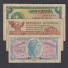 Guerra Civil-Zona Republicana, Banco de España
Lote de 3 billetes. 50 Céntimos 1937, Peseta 1937 y 5 Pesetas 1935. BC+ a BC-.