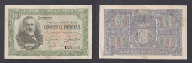 Estado Español, Banco de España
50 Pesetas. 9 enero 1940. Serie D. ED.437a. Alguna manchita del tiempo, mantiene apresto original. (MBC+).