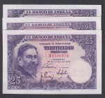 Estado Español, Banco de España
25 Pesetas. 22 julio 1954. Serie H. Lote de 3 billetes. ED.467a. Ondulados. (SC a SC-).