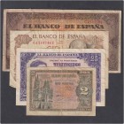 Estado Español, Banco de España
Lote de 4 billetes. 2 Pesetas 1938, 25 Pesetas 1954, 100 Pesetas 1938 y 1970. BC- a RC.