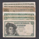 Estado Español, Banco de España
5 Pesetas. Lote de 8 billetes. 1945, 1948 (2), 1951 (3) y 1954 (2). MBC a MC.