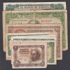 Estado Español, Banco de España
Lote de 9 billetes. Peseta 1948 y 1951, 5 Pesetas 1945 y 1954 (3), 100 Pesetas 1948, 1000 Pesetas 1951 (escritos a bo...