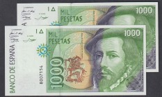 Juan Carlos I, Banco de España
1000 Pesetas. 12 octubre 1992. Sin serie. Lote de 2 billetes. ED.483. SC.