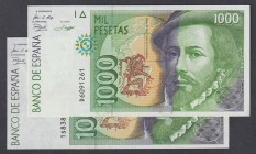 Juan Carlos I, Banco de España
1000 Pesetas. 12 octubre 1992. Lote de 2 billetes. Serie D y 1S. ED.483a. SC.