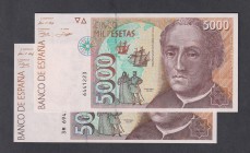 Juan Carlos I, Banco de España
5000 Pesetas. 12 octubre 1992. Lote de 2 billetes. Sin serie y 3M. ED.484/a. SC.