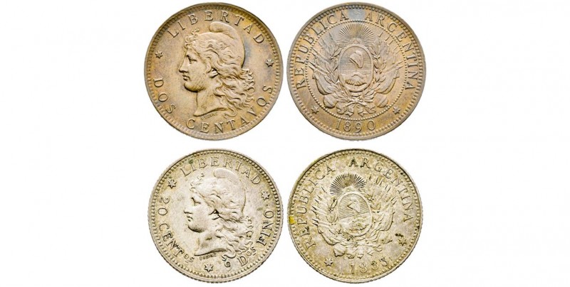 Argentina
2 Centavos 1890 et 20 cent. 1833, 
Conservation : Superbe
